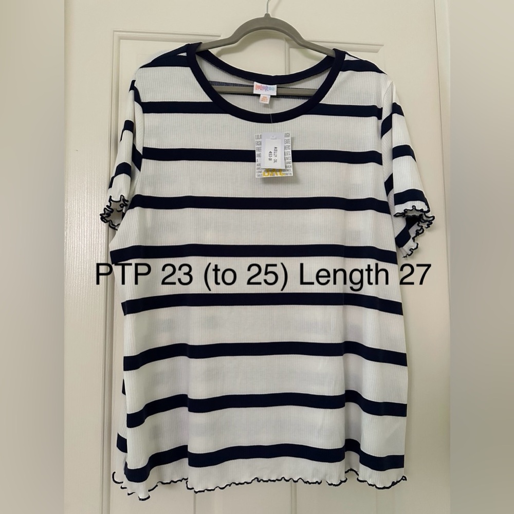 LuLaRoe Kelly Short Sleeve Crewneck Top 3XL Navy & White Stripes Ruffled Hem NWT - Picture 2 of 7